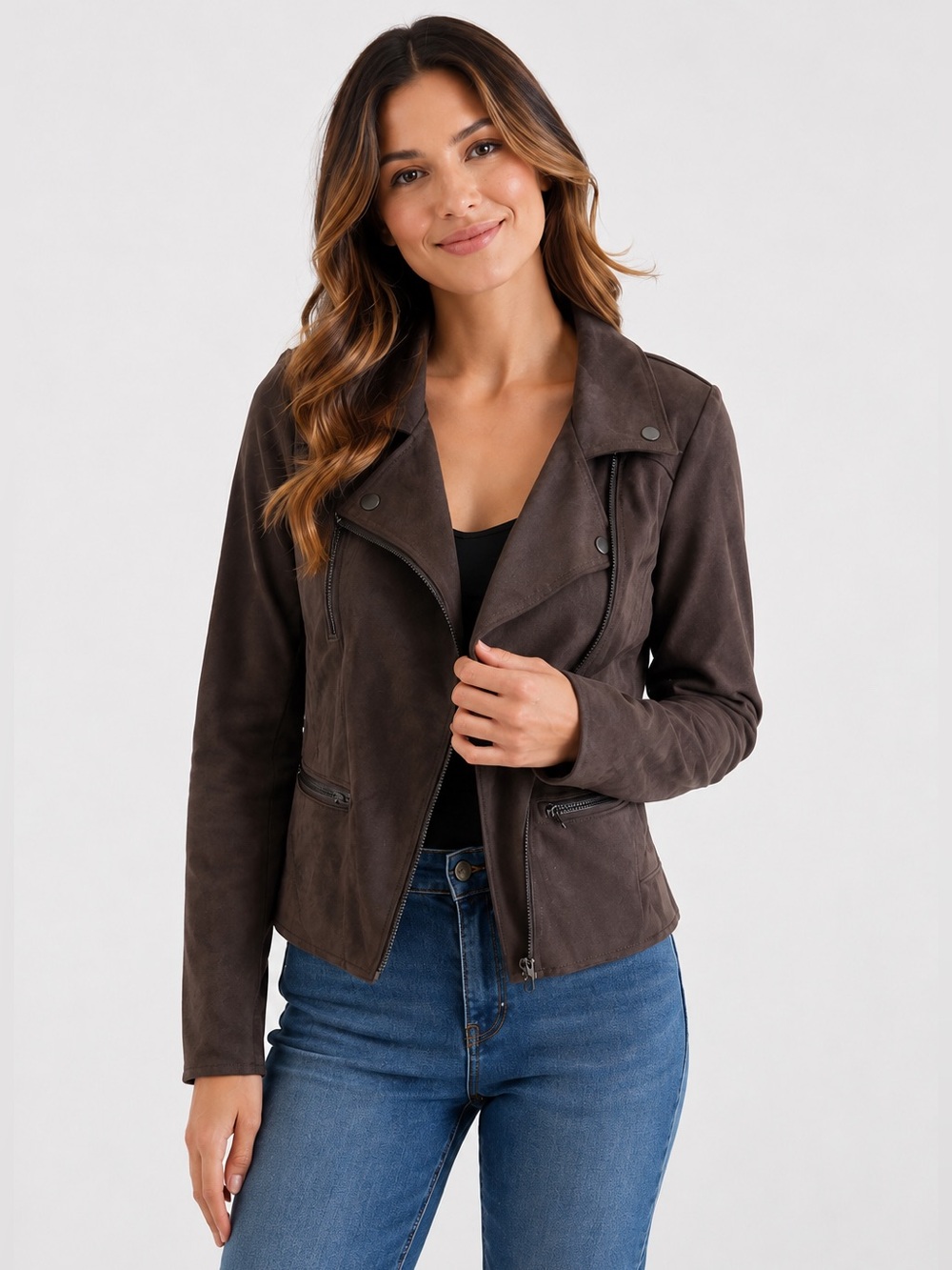 KUT FROM THE KLOTH Faux Suede Drape Moto Jacket Brown Coat Size Small KI47701